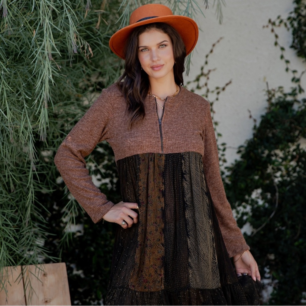 NWT Young Threads Chic Embroidered Brown and Black Patchwork Knit TOP